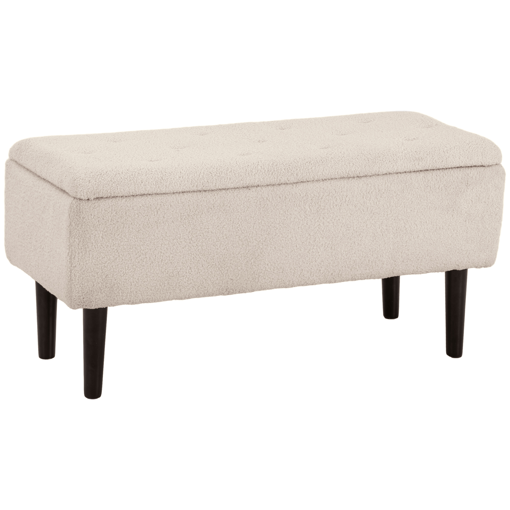 Banc coffre de rangement 2 en 1 piètement bois noir tissu blanc cassé