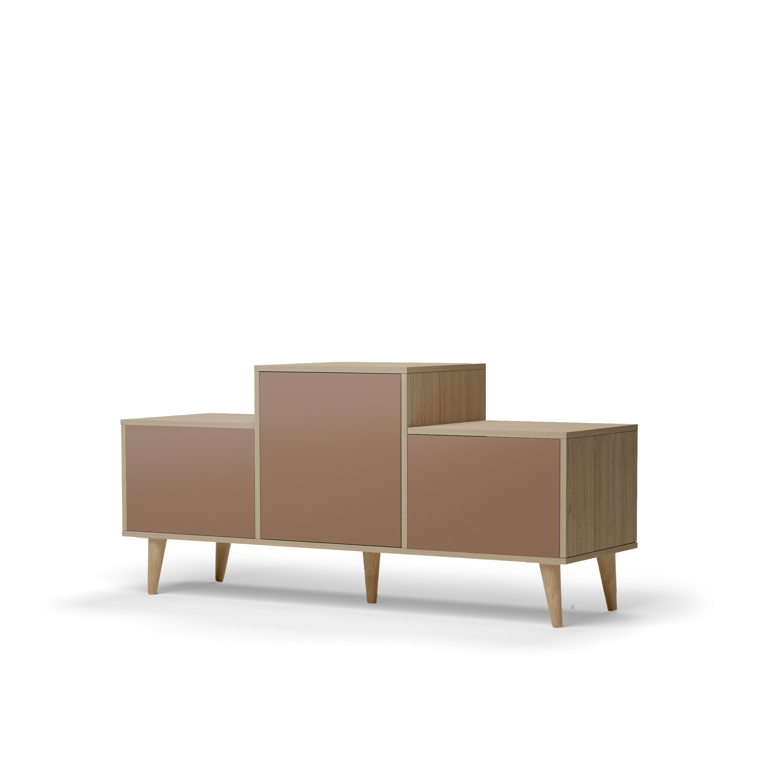 Buffet bois effet chêne clair, 3 portes rouge terre L127,40xH60,5cm