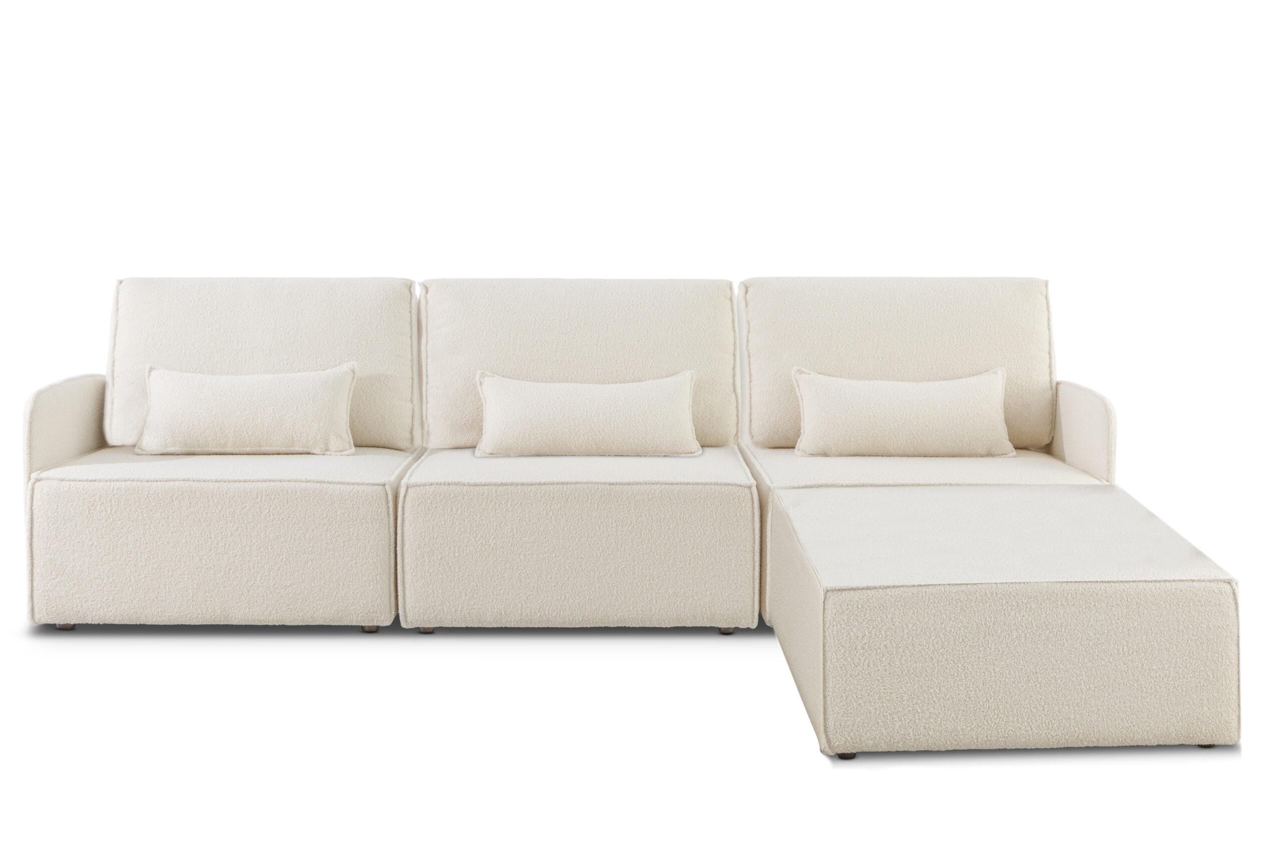 Canapé 3 places chaise longue en bouclé et en pin Blanc Neige