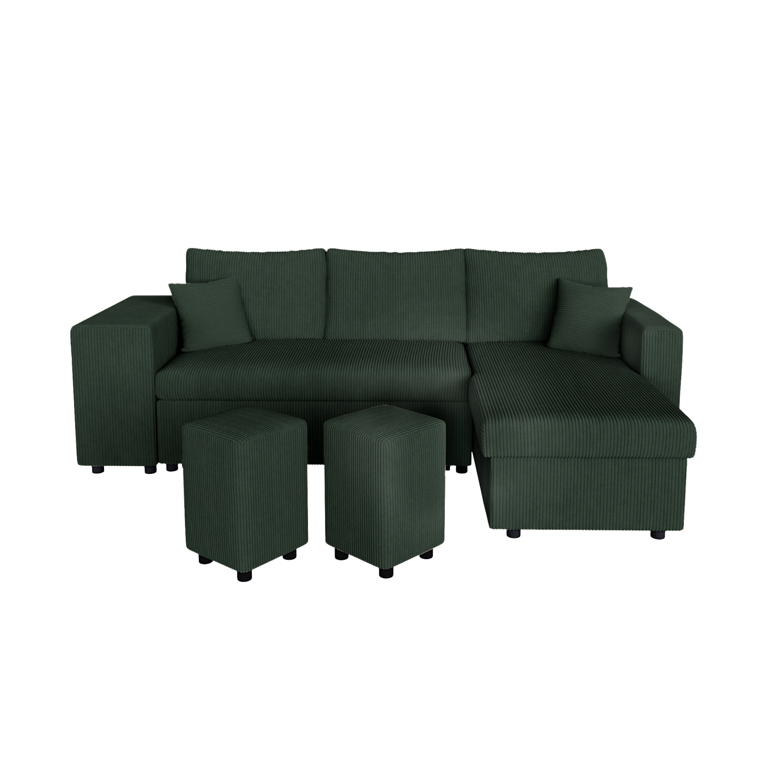 Canapé convertible avec 2 poufs gauche en velours côtelé – Vert foncé