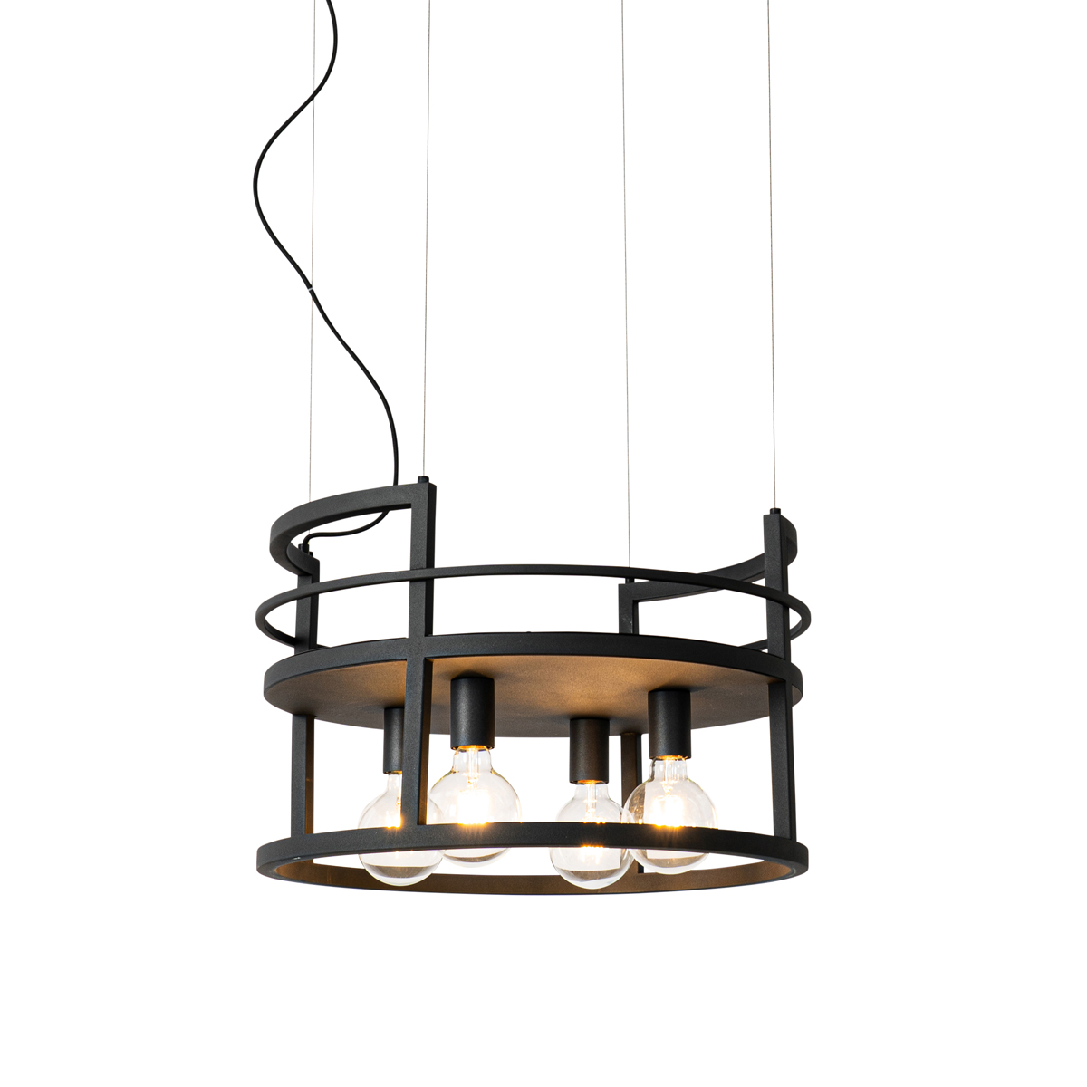 Lampe suspendue noire crémaillère ronde 4 lumières