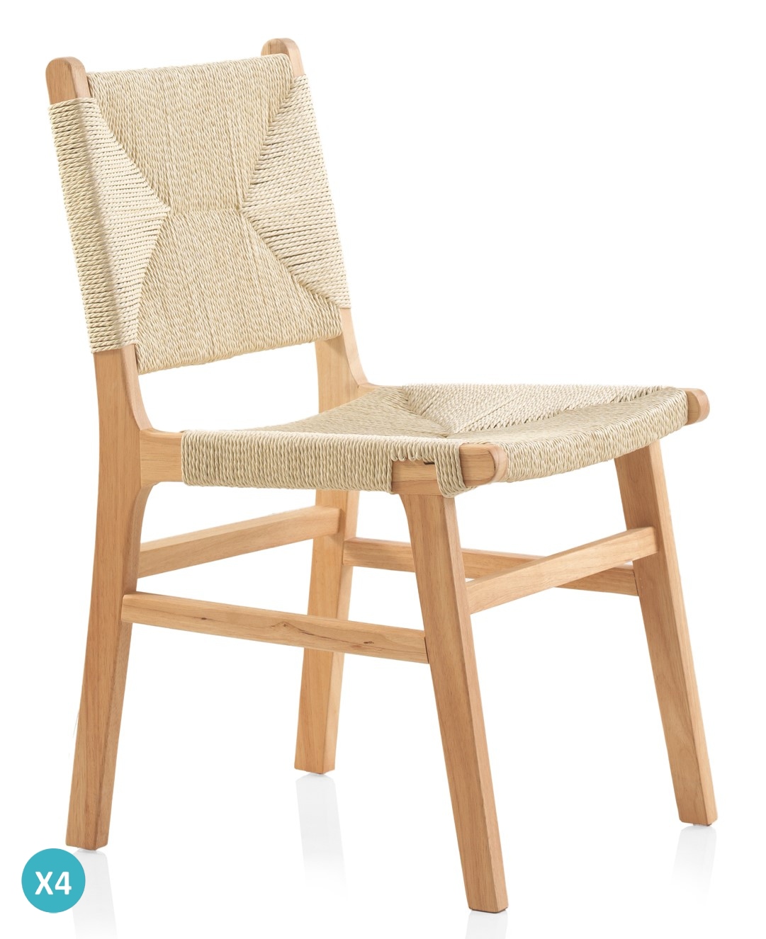 Lot de 4 chaises en bois d&rsquo;hévéa avec assise et dossier tressés
