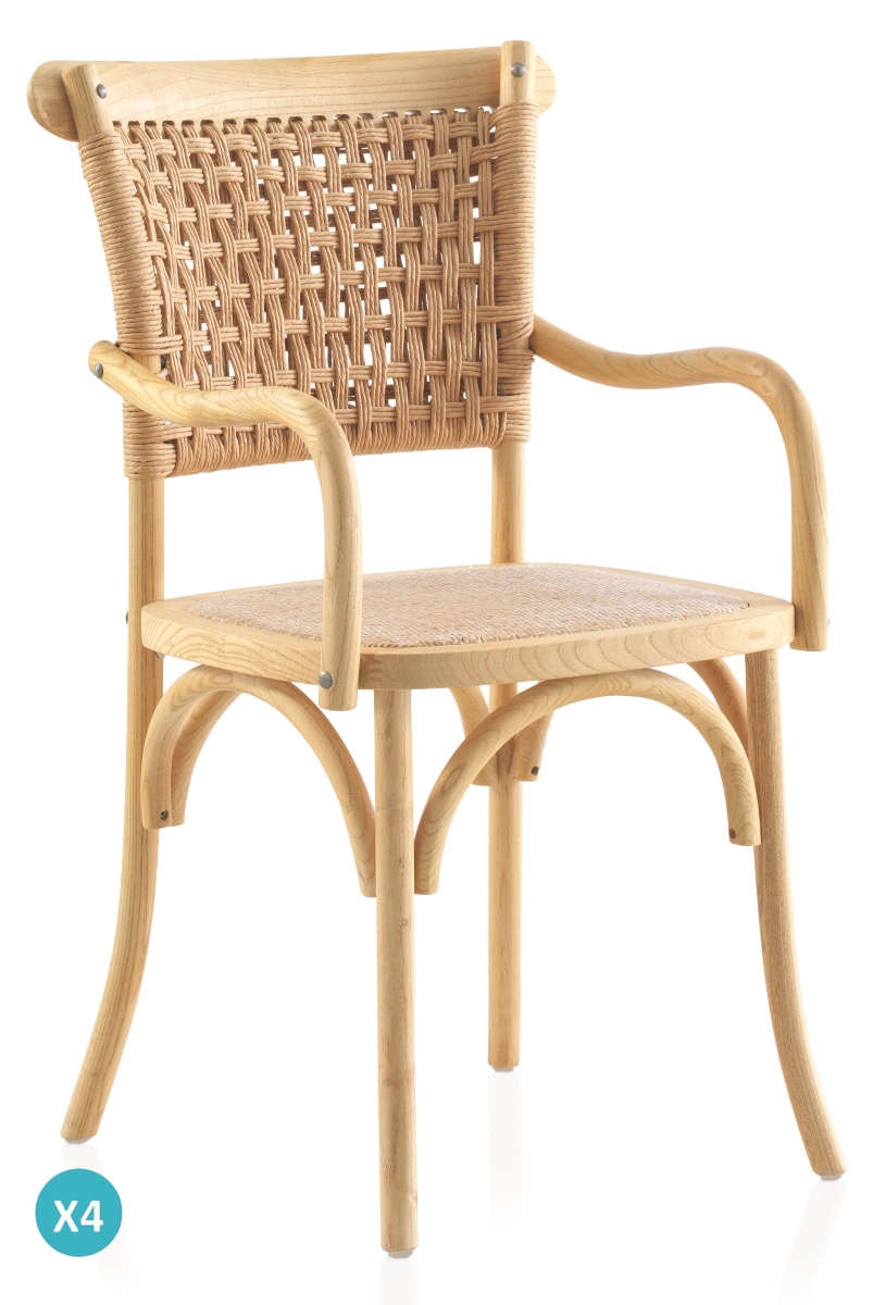 Lot de 4 fauteuils en orme avec assise et dossier tressés