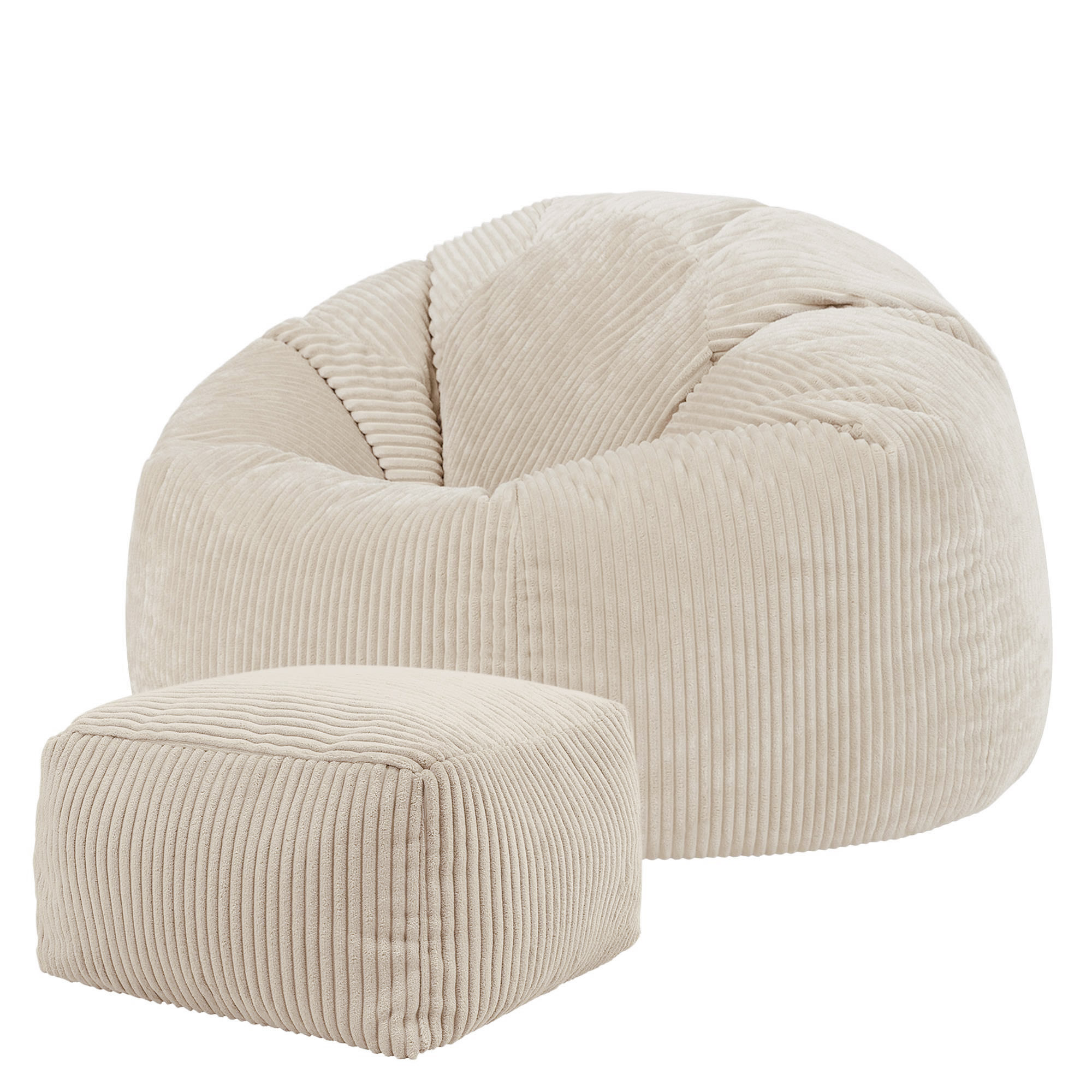Pouf avec repose-pied velours côtelé beige galet