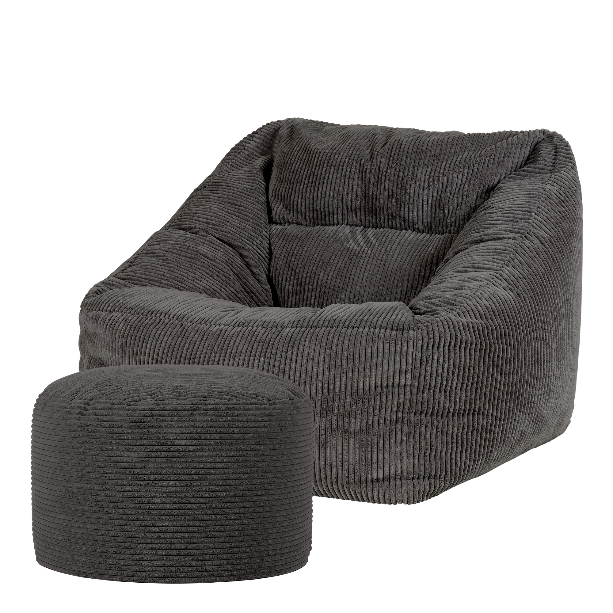 Pouf fauteuil avec repose-pied rond velours côtelé gris anthracite