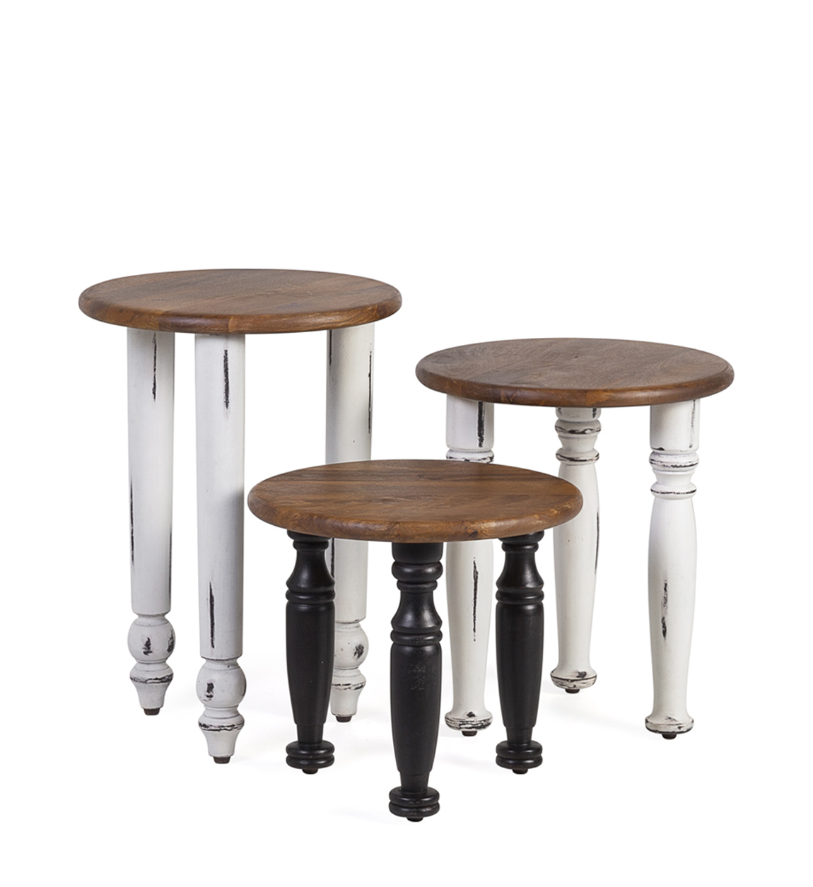 Set de 3 tables en bois marron, blanc et noir Ø 40 cm